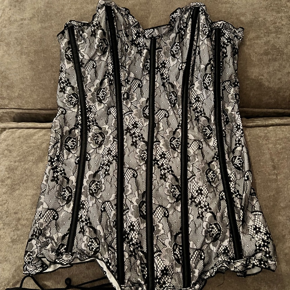 Tesa Corset Womens White Black Full Side Zip Lace Overlay Lace Up Sz 36C